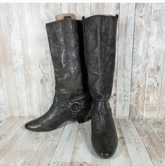 Frye Steffi Pull On Harness Biker Kitten Heel Grey Leather Boots Size 7.5 - Picture 2 of 16